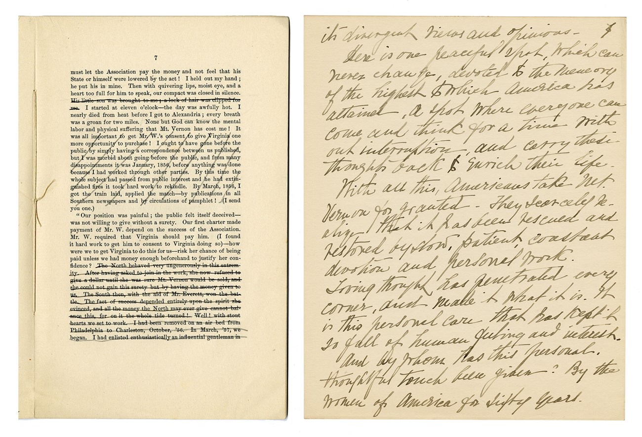 Mount Vernon Essays Two pages of text. Left, a printed page with passages crossed out. Right, handwritten manuscript essay.