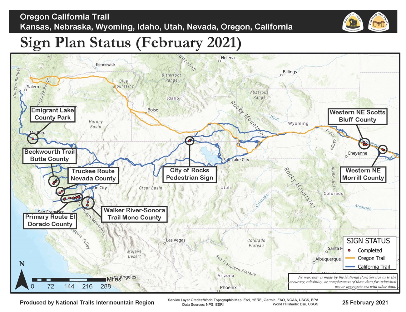 The sign plan status map for the Oregon and California Trails. It depicts a map of the United States with trails going from the east to west.