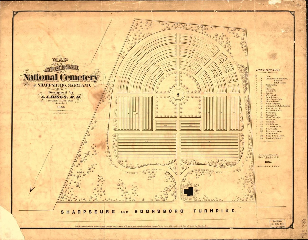Map of Antietam National Cemetery, 1866 Map of Antietam National Cemetery showing the roads, arrangement of burial areas, structures, and plantings.
