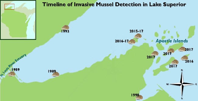 Be sure to clean, drain, and dry your boats and equipment between uses to prevent spreading invasive mussels to new locations. A map entitled, “Timeline of Invasive Mussel Detection in Lake Superior”, shows the western end of Lake Superior. An invasive mussel is shown at each location they have been detected along with the years detected, ranging from 1989 – 2017.