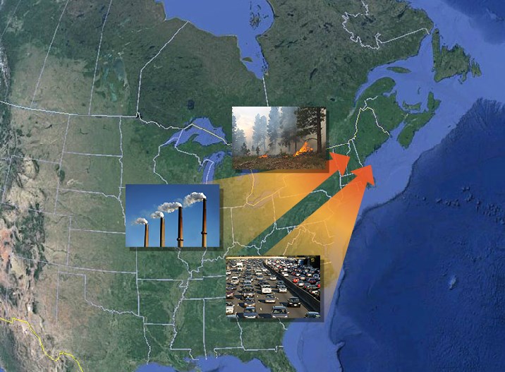 A map displaying the northeastern United States. Photographs superimposed over the map display sources of pollution: wildfires, power plants, and vehicle traffic.