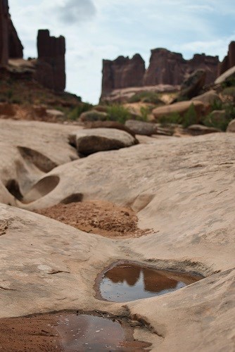 Desert potholes potholes with water carved into sandstone with rocky towers in the background