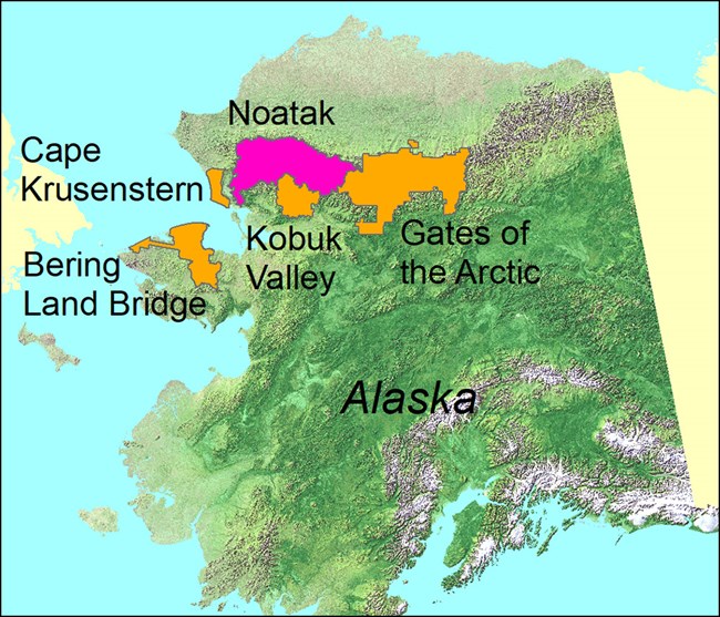 A map showing Arctic parks and highlighting Noatak National Preserve.