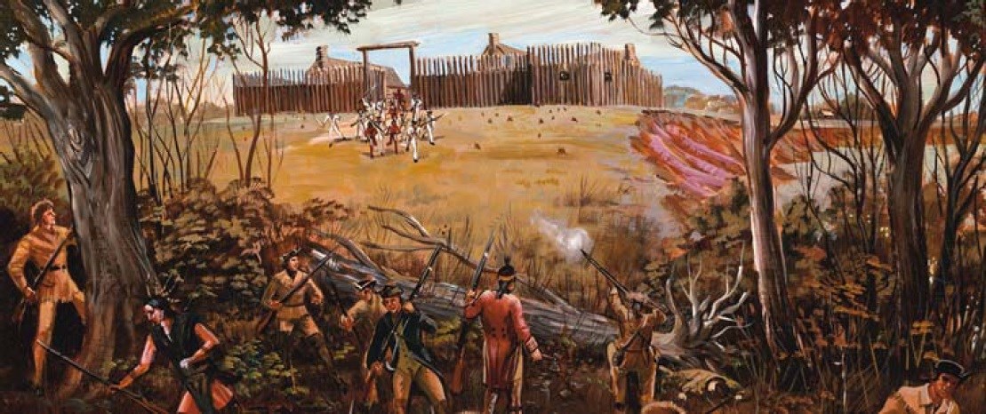 ARPO Colbert's Raid Painting of a battle scene; a dozen men with guns run out from a wooden fort toward other soldiers in a forest.