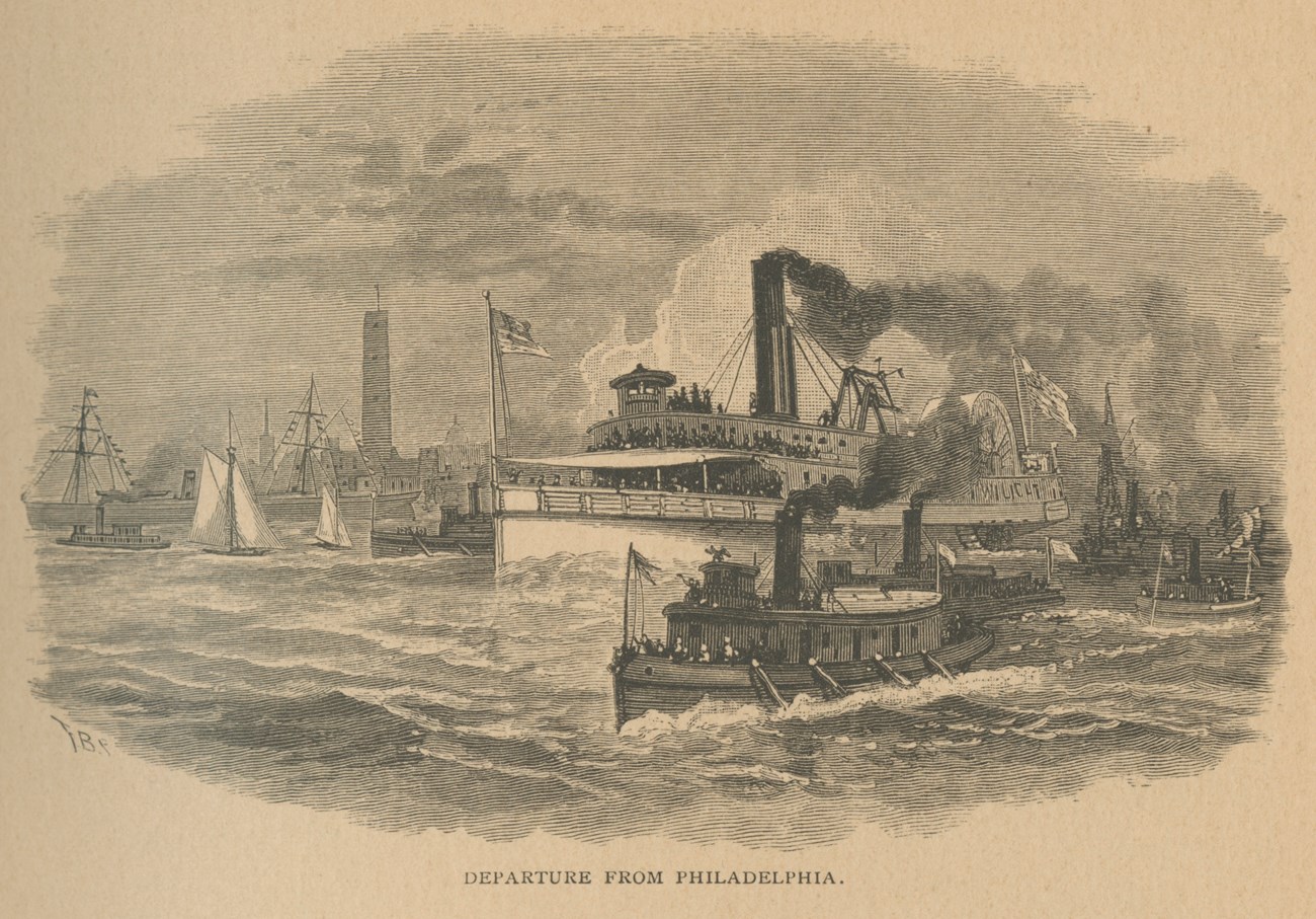Lithograph drawing of four ships departing from Philadelphia into the Atlantic Ocean. Text reads "Departure from Philadelphia."