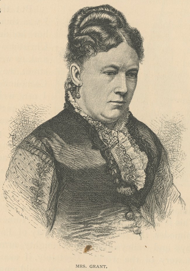 lithograph drawing of woman wearing dress with a stoic pose.