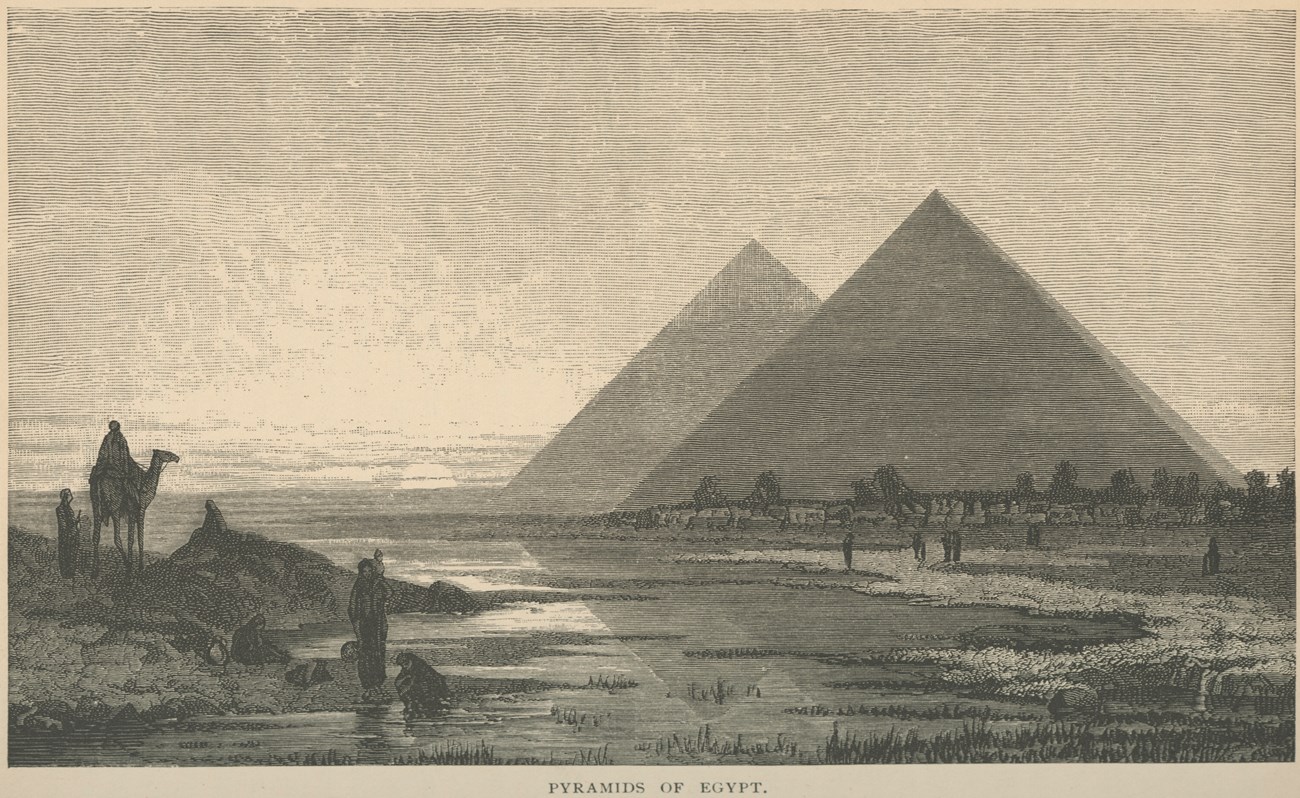 Lithograph drawing of Egyptian Pyramids.