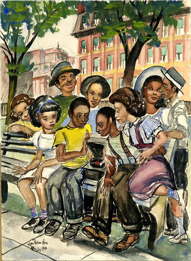 Colorful painting of a group of African Americans sitting around a record player on a bench outside.