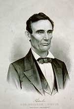 Grayscale bust portrait of Abraham Lincoln wearing a suit and tie.