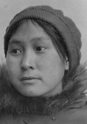 A black and white portrait image of Ada Blackjack wearing a knit hat.