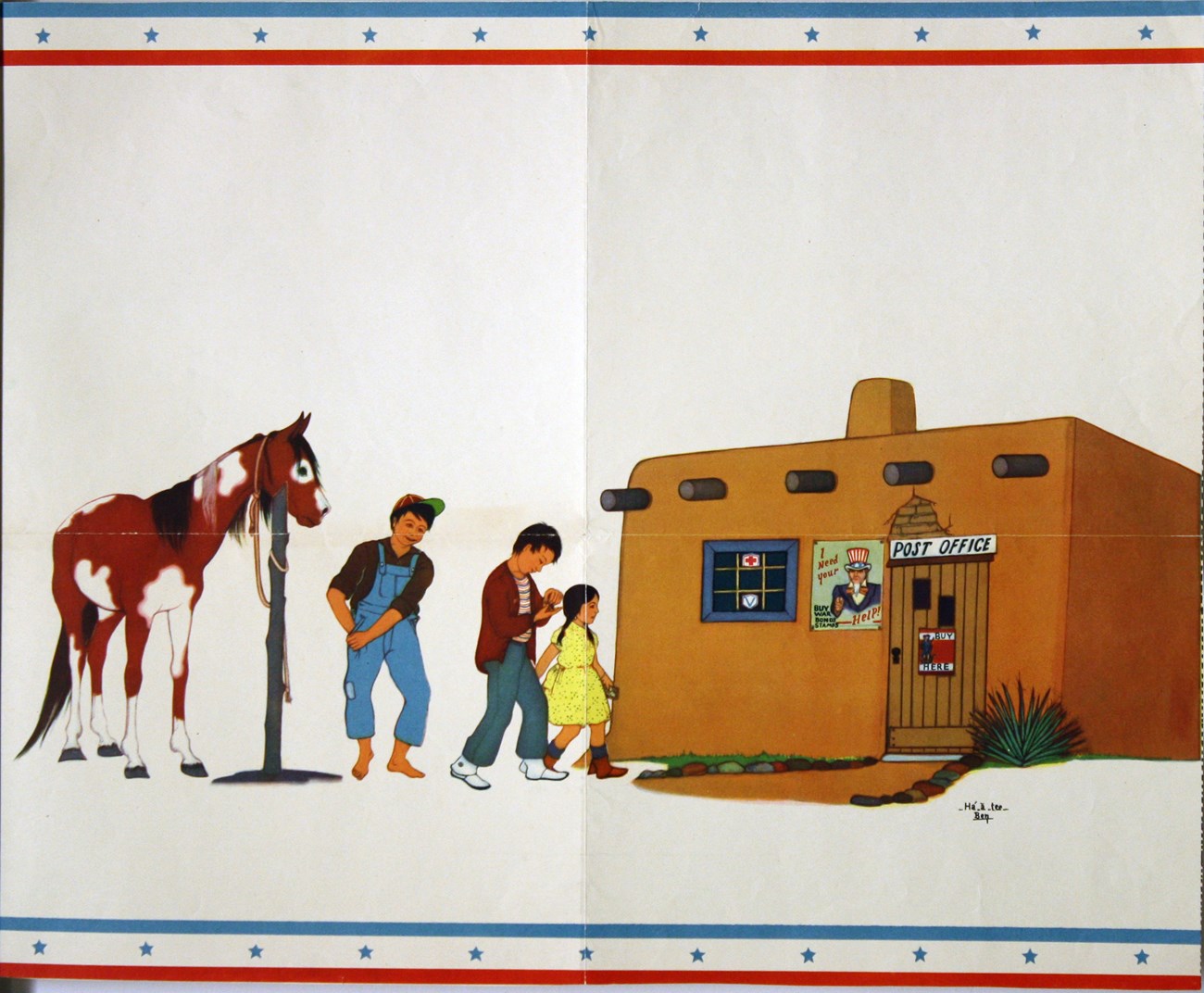 Drawing of Adobe Post Office with World War II Poster on outside wall reading "I Need your Help! Buy War Bond Stamps" and a drawing of Uncle Sam, with three children approaching Post Office and horse tied to post.