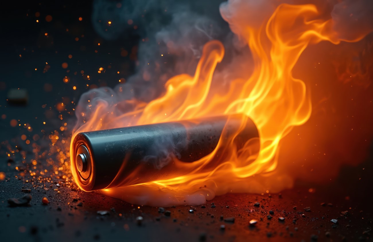 Flaming Lithium-ion Battery Battery with flames coming out from it.
