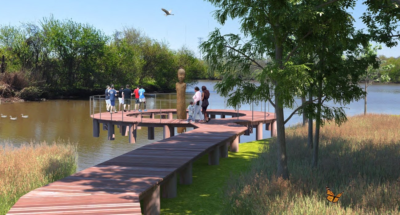 Proposed park shows a dock by a river