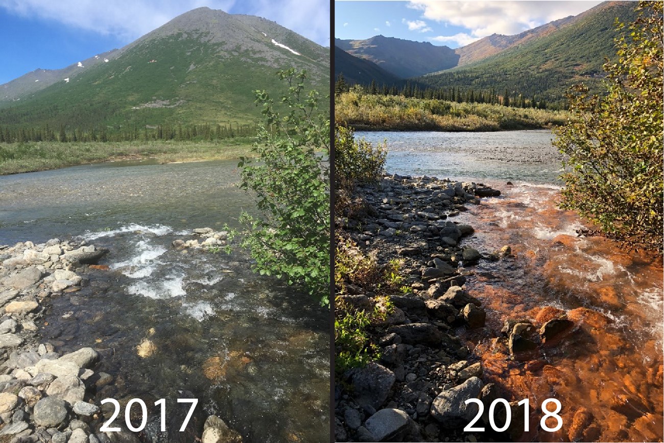 A side by side comparison of a river in 2017 and 2018. The 2017 image shows clear water, the 2018 image shows reddish rusty water
