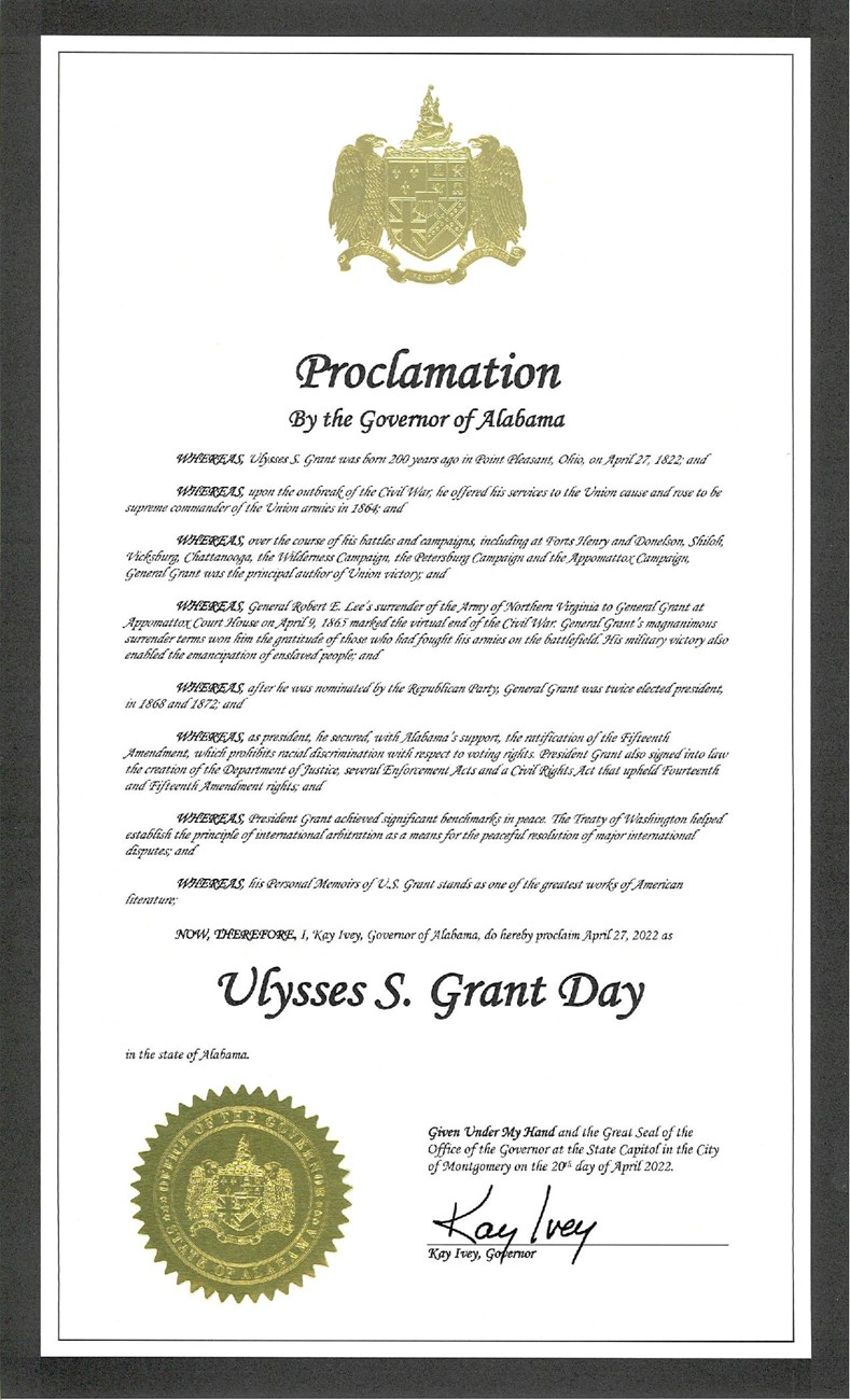 Proclamation from Alabama with golden seal of Alabama in bottom left