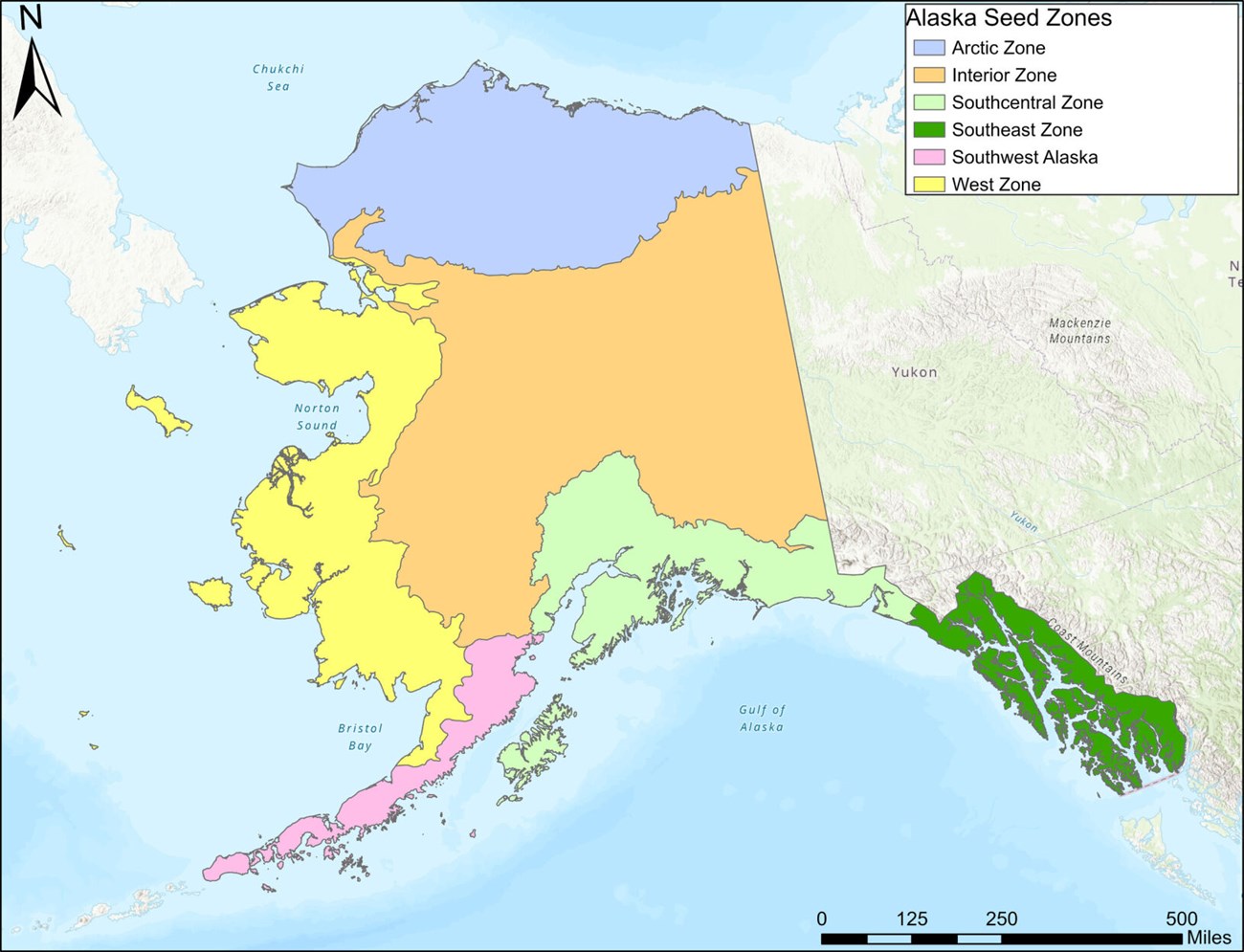 Alaska Seed Zones a map of Alaska showing Alaska Seed Zones: Arctic Zone to the north, Interior Zone in the middle, Southcentral Zone, Southeast Zone, Southwest Zone and West Zone