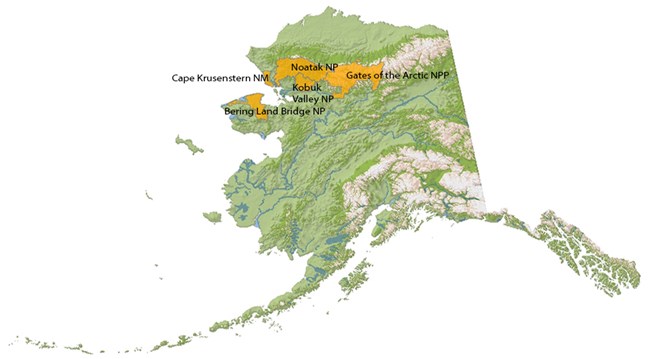 Map of Alaska showing the 5 Arctic parks: Bering Land Bridge NP, Cape Krusenstern NM, Noatak National Preserve, Kobuk Valley National Park, and Gates of the Arctic National Park and Preserve.