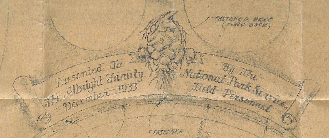 Design drawing for an inscription plate with a sequoia cone in the middle
