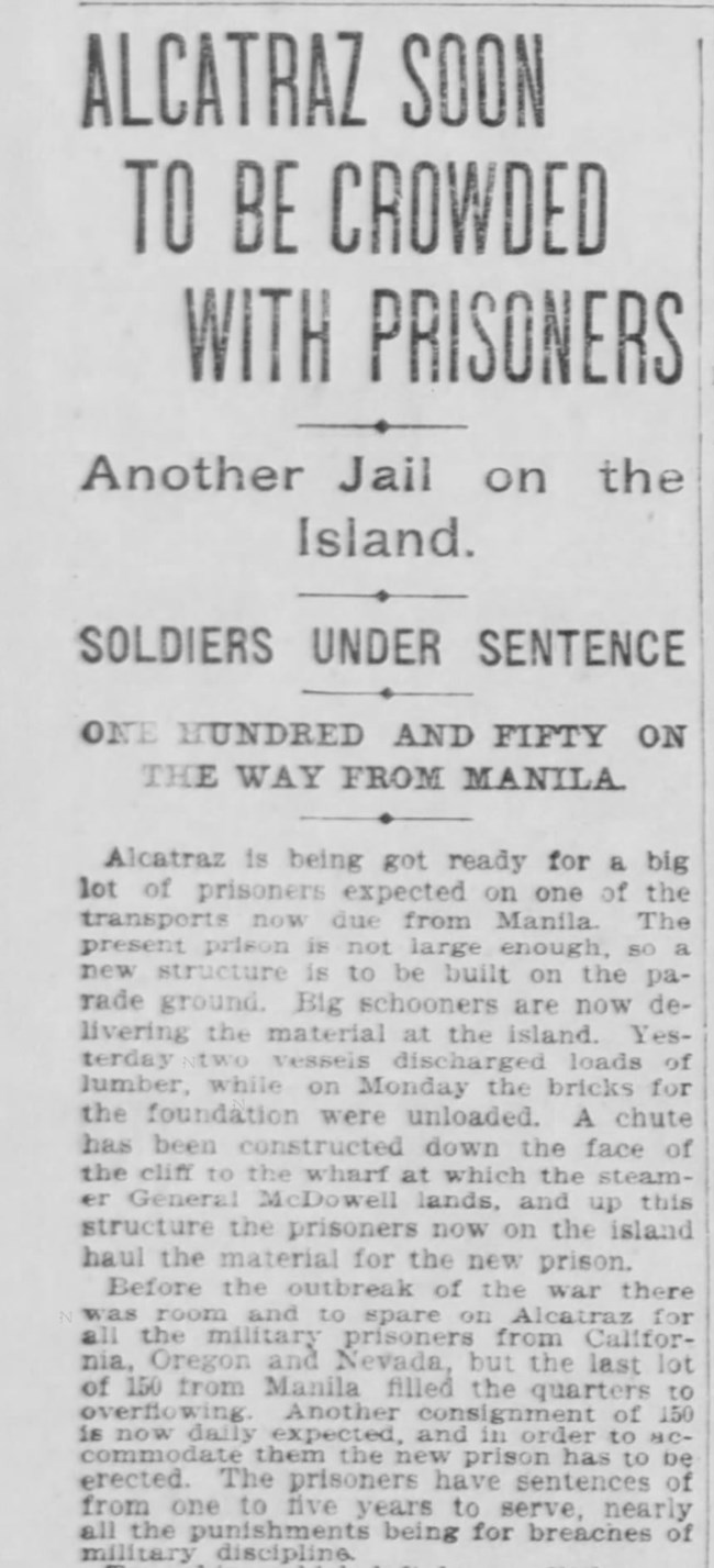 Newspaper Article from SF Call "Alcatraz Soon to be Crowded with Prisoners."