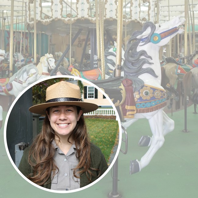 Circular inset of woman in flathat and NPS uniform, overlayed on image of painted wooden horse in carousel ride