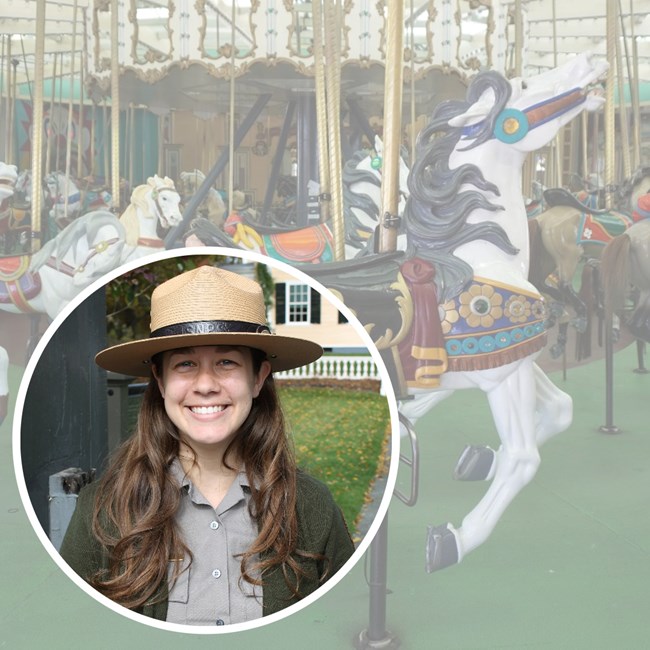 Anna and the Looff Carousel NHL Circular inset of woman in flathat and NPS uniform, overlayed on image of painted wooden horse in carousel ride