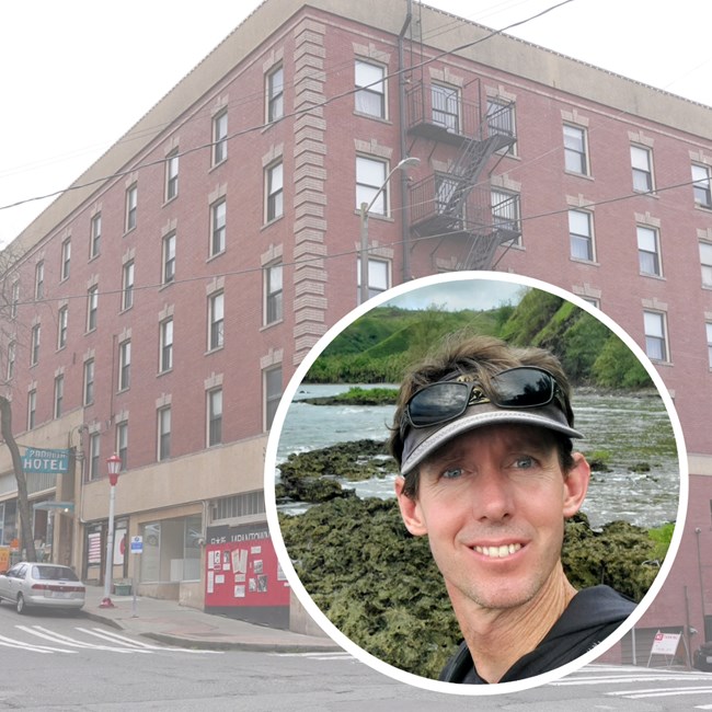 Chris and the Panama Hotel NHL in Seattle Circular inset of brunette man in visor sits on top of photo pf five-story brick Panama Hotel on corner of city intersection