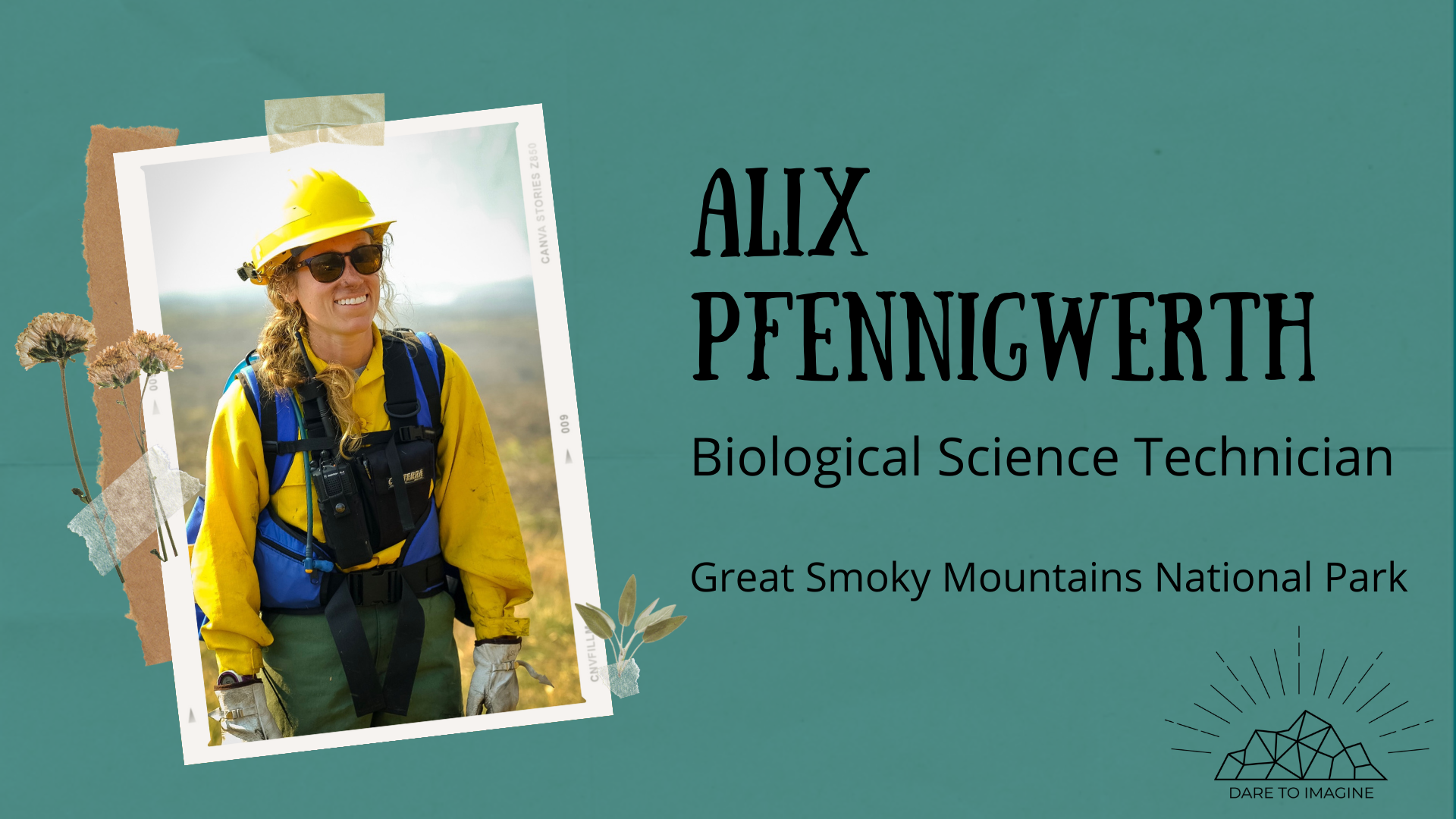 AlixP_BioGraphic Biological Science Technician at Great Smoky Mountains National park smiles at the camera with a background of muted meadow grass colors. Technician is dressed in yellow Nomex gear, a yellow hard hat, sunglasses, and wears a blue backpack and a black radi