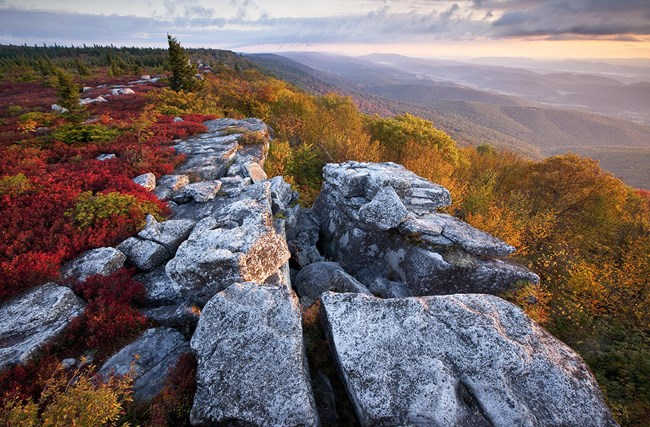Allegheny Front. Copyright Kent Mason A photo of flat rock outcrop peaks with red and gold covered mountains behind.