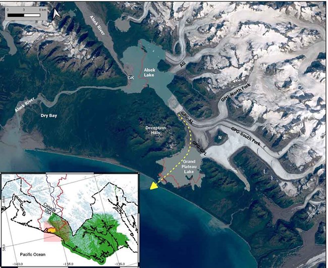 Aerial image of Grand Plateau Glacier and the Alsek River.