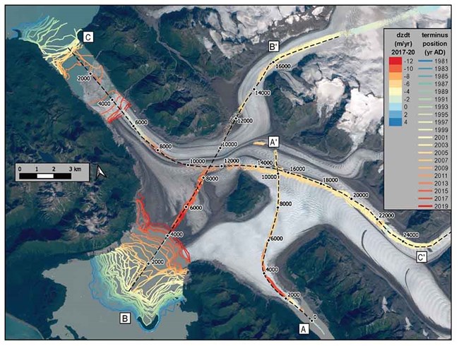 Aerial imagery and change showing glacier retreat.