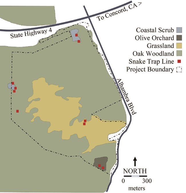 Map showing different habitat types on mount wanda where researchers conducted the reptile surveys, primarily Oak woodland and grassland.