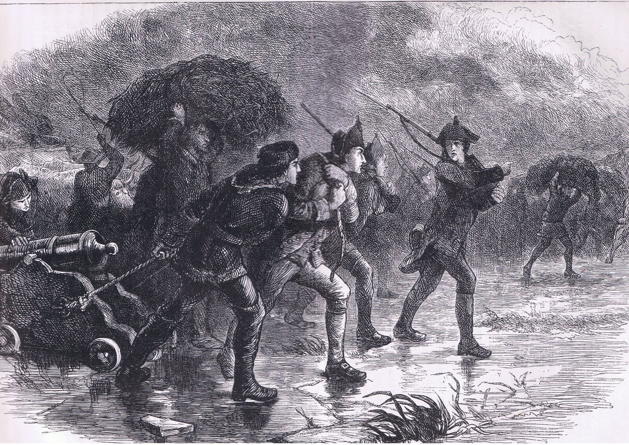 lithograph of scene of soldiers carrying hay and cannon in the dark of night