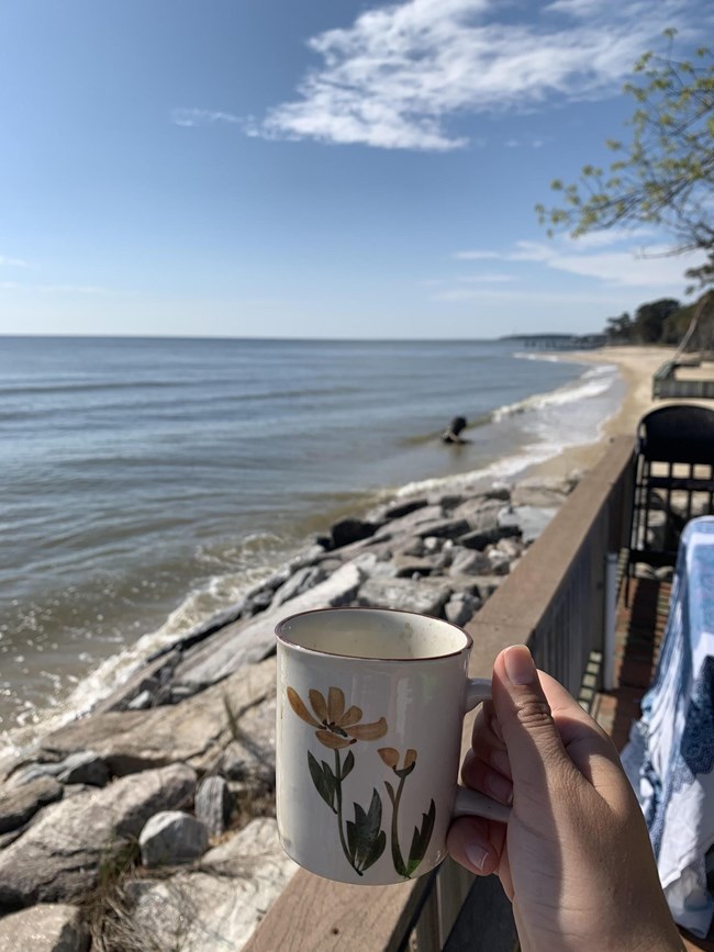 Andrea Miralles-Barboza Mug Picture Hand holding a mug near a shoreline