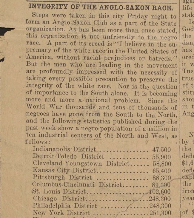 A newspaper clipping discussing the formation of an Anglo-Saxon Club that is "taking every possible precaution to preserve the integrity of the white race” though “not unfriendly to the negro race.”