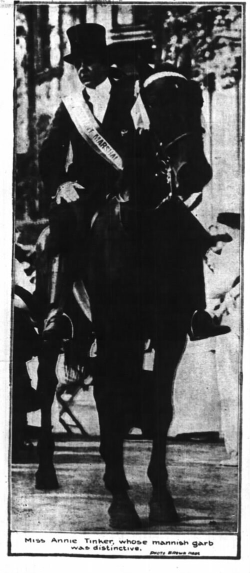 Newspaper photo showing Annie Tinker in top hat and coat riding a horse
