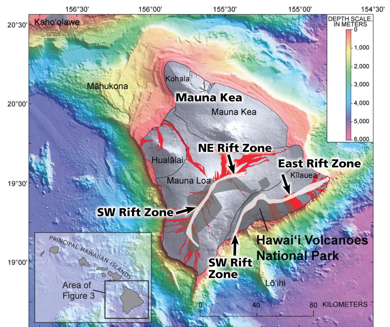 map of Hawaii showing the volcanic peaks and rift zones