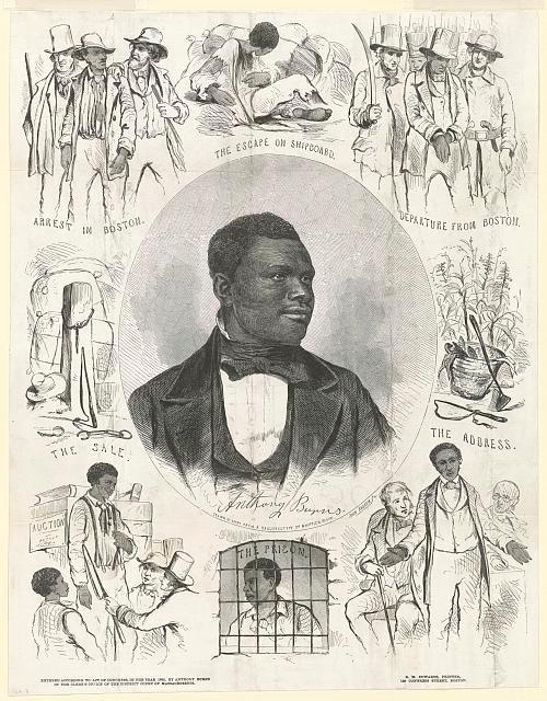 Broadside of Anthony Burns. His likeness is shown as a three quarter profile and he has a slight smile on his face. Surrounding him are images of his experience as a freedom seeker, showing his escape, arrest, trial, and return to enslavement.