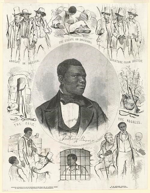 Broadside of Anthony Burns. His likeness is shown as a three quarter profile and he has a slight smile on his face. Surrounding him are images of his experience as a freedom seeker, showing his escape, arrest, trial, and return to enslavement.