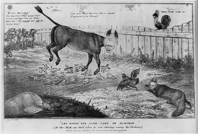 lt= Political cartoon depicting Andrew Jackson as a donkey