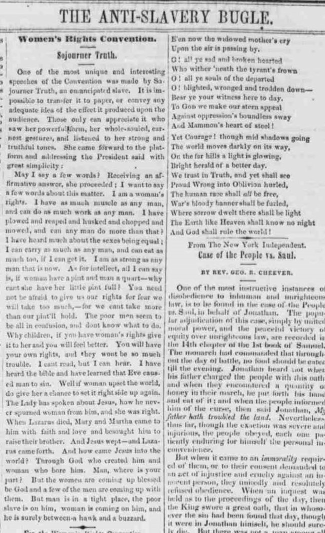 Clipped portion of Anti-Slavery Bugle issue with Sojourner Truth's speech printed