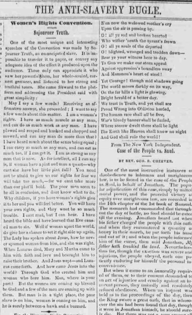 AntiSlaveryBugleJune1851 Clipped portion of Anti-Slavery Bugle issue with Sojourner Truth's speech printed
