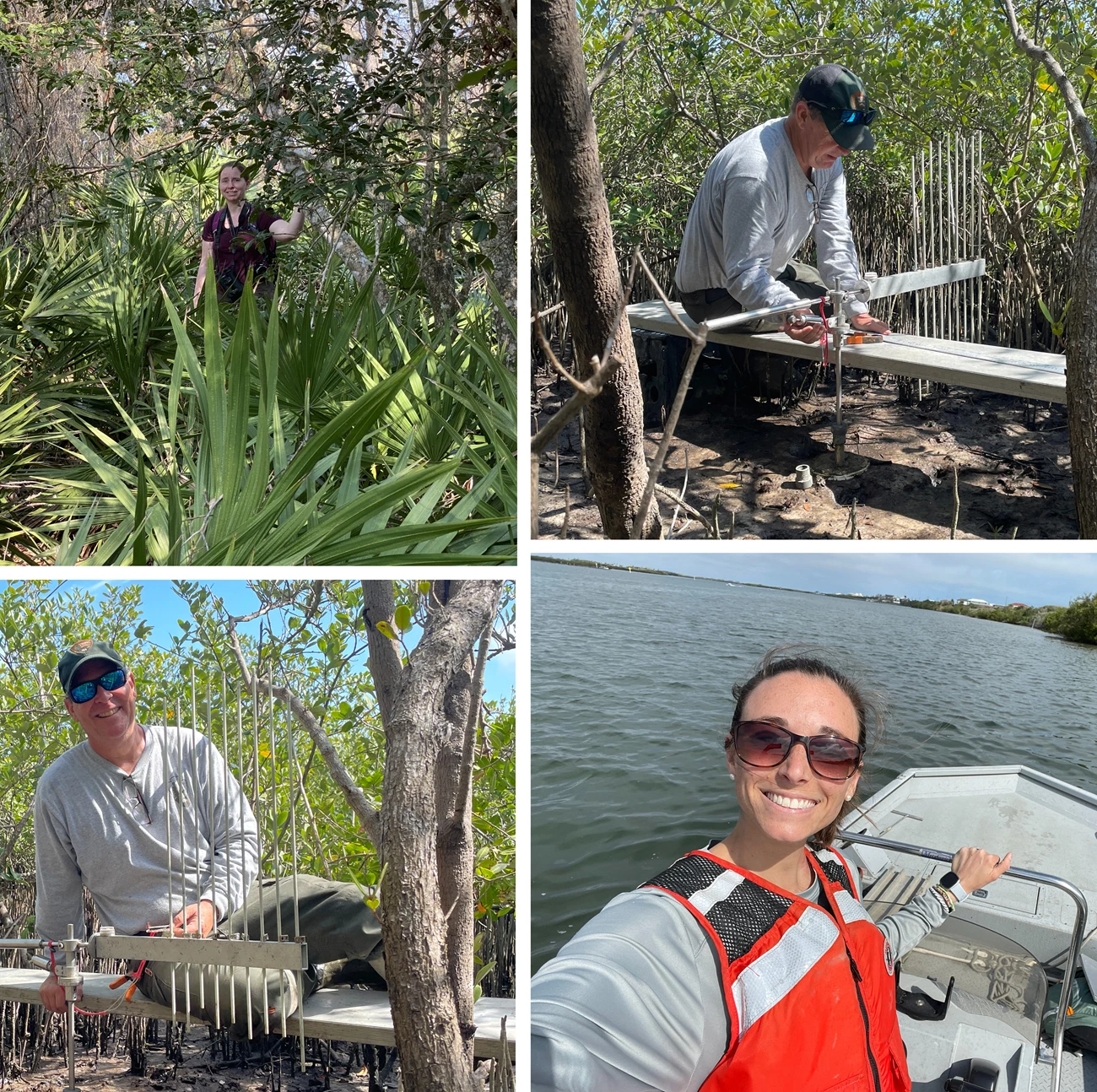Fieldwork Two shots of man sitting on a platform behind steel rods in front of a marsh. A woman smiling on a boat and a woman smiling in trees.