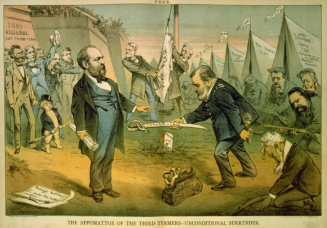 The Appomattox of the third termers- unconditional surrender Political cartoon that depicts a kneeling Roscoe Conkling handing James A. Garfield a sword.