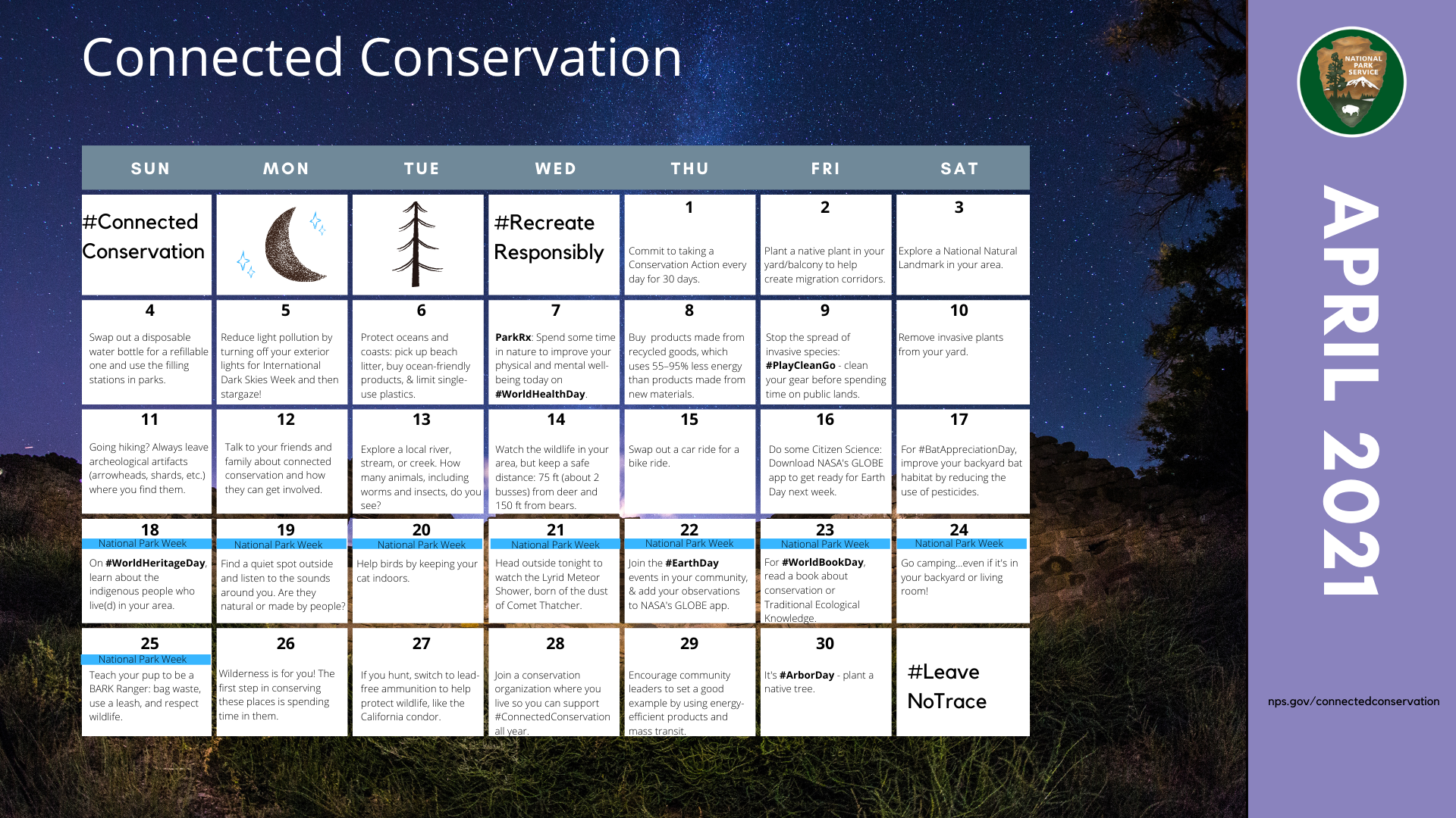 Commit to Connected Conservation! infographic of April calendar and complete alt text is in next section