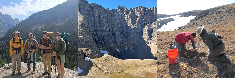Photo collage of work in Grand Teton, Glacier, and Yellowstone Photo collage of four people with overnight pack, mountain wall, two people digging