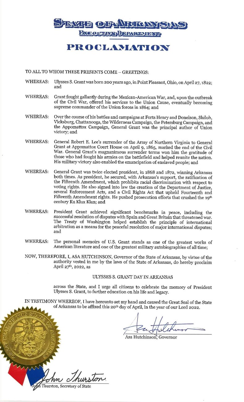 Grant 200th message from Arkansas