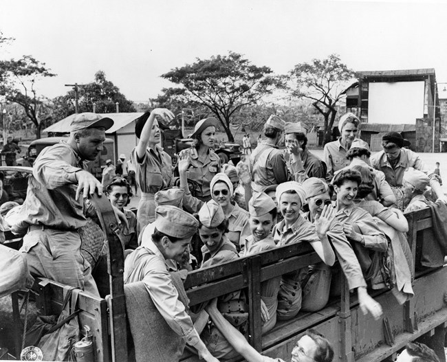 Manila during February 8-12, 1945. U.S. Army Nurses from Bataan and Corregidor, freed after three years imprisonment in Santo Tomas Interment Compound