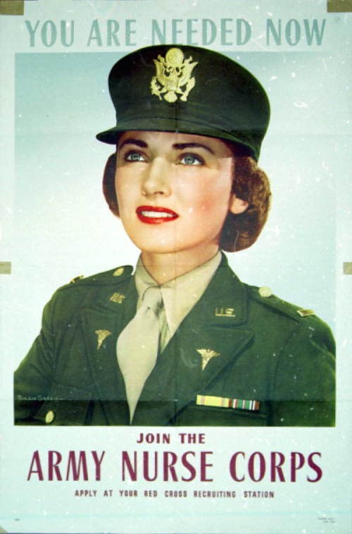 Colorful poster of woman in Army uniform that says "You are needed now. Join the Army Nurse Corps."