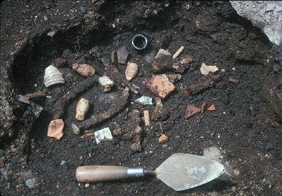 Artifacts Photograph of artifacts, like pottery and shell, in the dirt.