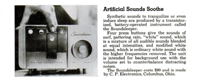 Advertisement for The Soundsleeper, to assist in helping babies fall asleep, from December 1962. Advertisement for The Soundsleeper, to assist in helping babies fall asleep, from December 1962.